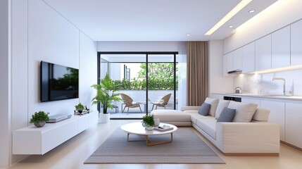 Chic Urban Apartment Interior, contemporary kitchen design, open layout, sleek furnishings, vibrant color palette, inviting atmosphere, perfect for modern living and entertaining