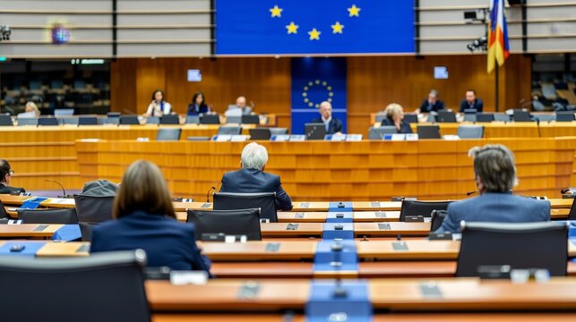 Unidentified politicians at eu parliament with european union flag  a political concept image