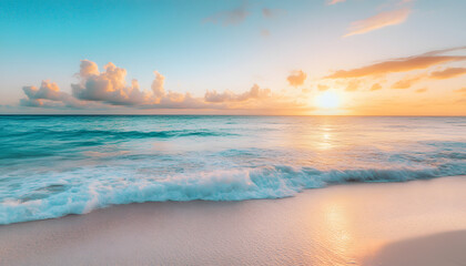 Fototapeta premium Crystal-clear turquoise waters with gentle waves lapping at a pristine beach under a golden sunset