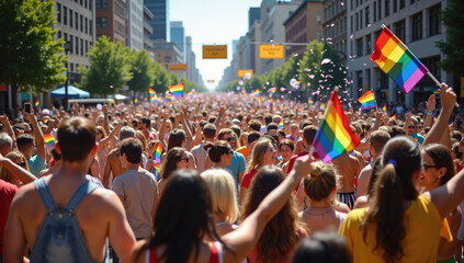 Massive crowd at pride parade holding rainbow flags, celebrating LGBTQ+ rights and diversity in the city streets