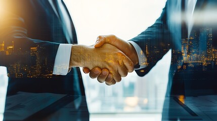 Business partners shaking hands over a new deal close up, focus on, copy space Bright smiles and strong handshakes Double exposure silhouette with partners and deal documents