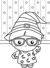 Cute Halloween Witch Costume Girl Cartoon Coloring Activity for Kids and Adult