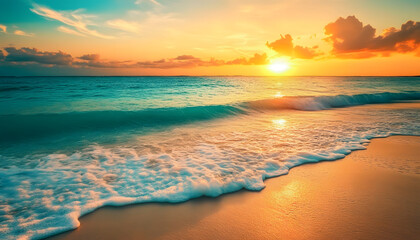 Obraz premium Crystal-clear turquoise waters with gentle waves lapping at a pristine beach under a golden sunset