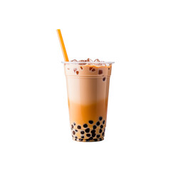 Perfect for marketing boba ice businesses or summer drinks, this plastic cup is filled to the brim with a pleasant brown beverage, ice, boba pearls, and a straw. Generative AI