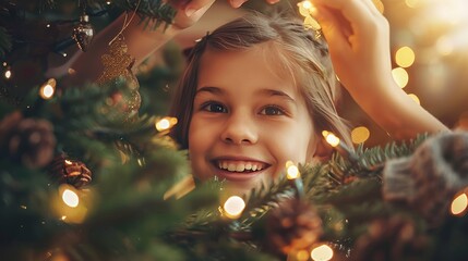 Joyful family moments  parent assists daughter in decorating the christmas tree with smiles