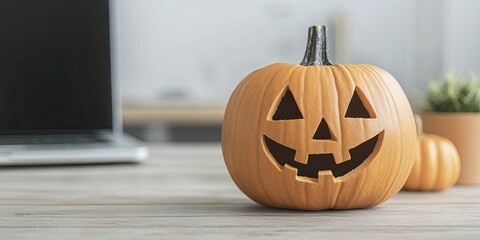 Intriguing Pumpkin Carving: A Creative Fusion of Autumn Festivity and Modern Technology as a Pumpkin is Skillfully Shaped into a Laptop Design