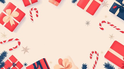 Obraz premium Topdown illustration of a Christmas banner featuring a pattern of holiday gifts and candy canes in a flat style