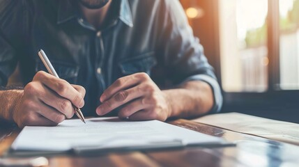 A businessman sitting at a desk, holding a pen while thoughtfully reviewing a document, symbolizing a business buyout.Corporate,professional,business,deal,merger and acquisition,private equity.AI.