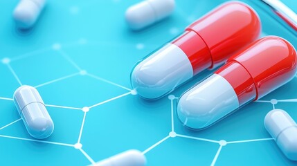 Close-up of colorful capsules and tablets on a blue background, representing medicine and health care concepts.