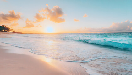 Fototapeta premium Crystal-clear turquoise waters with gentle waves lapping at a pristine beach under a golden sunset
