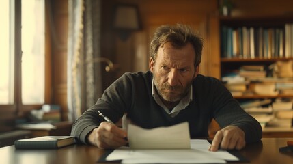 Obraz premium A businessman sitting at a desk, holding a pen while thoughtfully reviewing a document, symbolizing a business buyout.Corporate,professional,business,deal,merger and acquisition,private equity.AI.