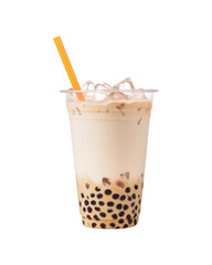 Perfect for marketing boba ice businesses or summer drinks, this plastic cup is filled to the brim with a pleasant brown beverage, ice, boba pearls, and a straw. Generative AI