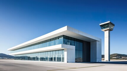 Obraz premium Exterior modern International airport building, with a glass windows, and the control tower.