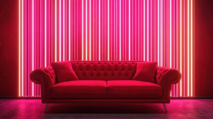 A red sofa and red neon light background on wall studio