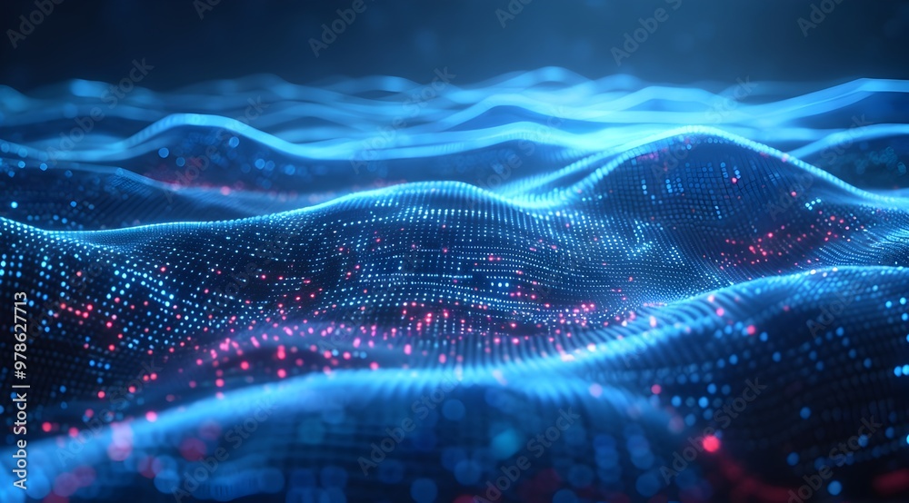 Poster abstract blue digital background with flowing waves of glowing particles and dots, creating an elega