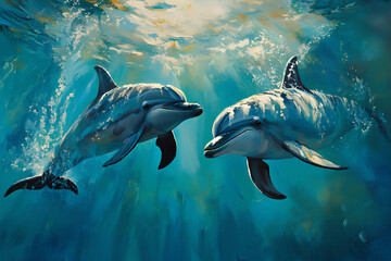 Fototapeta premium Two dolphins swimming gracefully underwater, showcasing marine life and beauty.