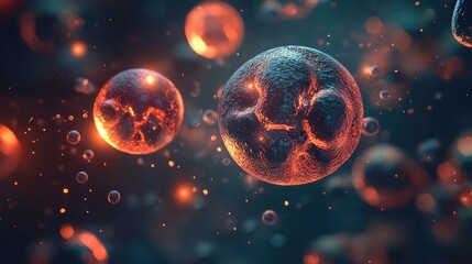 Naklejka premium Stunning abstract depiction of vibrant cells in a microscopic view, showcasing intricate details and glowing structures in biology.