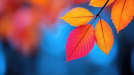 Obraz premium Vibrant autumn leaves display warm hues of orange and red against a soft blue background, capturing the essence of seasonal beauty.
