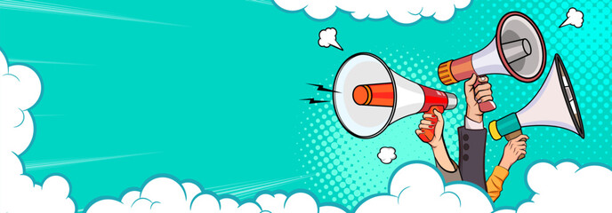 Hand holds megaphone bullhorn in retro pop art comic style  Loudspeaker Business banner