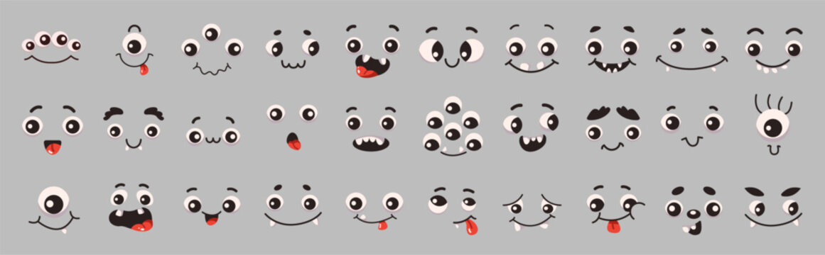 Naklejki Funny monsters facial expression constructor flat color vector icon set. Weird creatures grimaces illustration pack on grey background