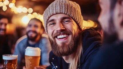 A group of friends laughs and shares stories over craft beers in a warm, inviting pub setting. The atmosphere is lively, filled with joy and camaraderie on a winter night