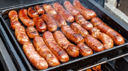 A large selection of sausages sizzle beautifully on a grill, absorbing smoky flavors on a warm, sunny day, creating a perfect atmosphere for a backyard gathering