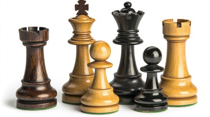 A collection of six traditional wooden chess pieces placed on a neutral surface, highlighting their intricate designs and contrasting colors, representing a calm moment of strategy