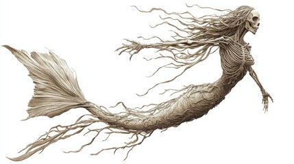A haunting skeletal mermaid with long, flowing tendrils emerges, blending macabre and fantasy in a chilling depiction of an undead sea creature.