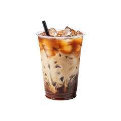Iced milk coffee in plastic cups is suitable for coffee shop designs, summer drink restaurants, and social media content. Generative AI