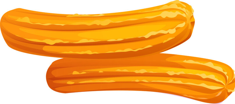 Cartoon Mexican churros. Two golden churro sticks with a crispy exterior and warm, sugary texture, evoking a sense of indulgence and sweetness. Isolated vector traditional tex mex pastry, bakery meal