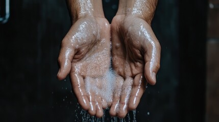 Fototapeta premium Two hands with soap bubbles are held under running water, illustrating the importance of hygiene and cleanliness in a contemporary bathroom environment