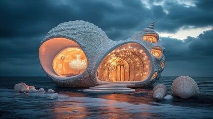 Enchanting Seashell-Shaped House by the Ocean: A Whimsical Poster for Fantasy Decor, Showcasing Magical Architecture, Crystal Elegance, and an Underwater Kingdom Vibe