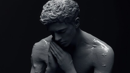 A serene, statue-like male figure with textured skin and closed eyes, appearing deep in thought, hands gently clasped, evoking introspection.
