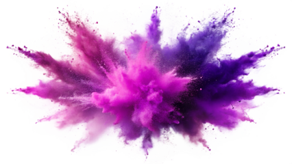 Vibrant explosion of purple and pink powder, isolated on a transparent or white background.