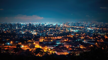 Obraz premium A breathtaking nighttime cityscape showcasing vibrant lights and urban life under a serene sky.