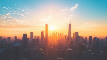Fototapeta premium A breathtaking skyline at sunrise, showcasing the vibrant colors and silhouettes of towering skyscrapers against a clear sky.