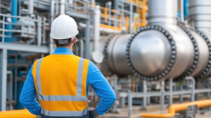 A safety-conscious worker in high-visibility gear stands with his back to the camera, observing large industrial equipment at a processing facility, under bright daylight