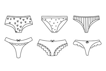 Set of women panties in doodle style. Collection of women underwear in linear style. Vector illustration.