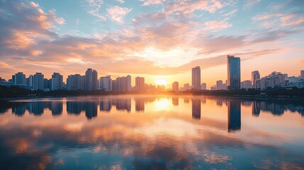 Fototapeta premium A breathtaking sunset over a city skyline, with reflections shimmering on the water, creating a tranquil and picturesque scene.
