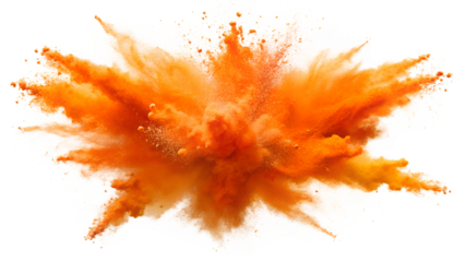 Vibrant orange powder explosion, creating dynamic and stunning visual effects. Isolated on a transparent or white background.