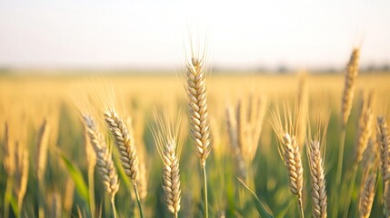Fototapeta premium A vast expanse of golden wheat sways gently in the breeze, illuminated by warm late afternoon sunlight against a backdrop of a clear sky in a peaceful rural setting