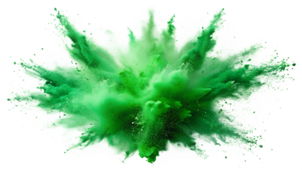 Vibrant green powder explosion creating a dynamic cloud effect on a dark background, isolated on a transparent or white background.