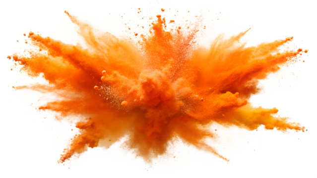 Vibrant orange powder explosion, creating dynamic and stunning visual effects. Isolated on a transparent or white background.