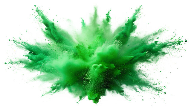 Vibrant green powder explosion creating a dynamic cloud effect on a dark background, isolated on a transparent or white background.