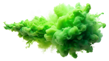 Vibrant green smoke cloud swirling gracefully against a transparent background, isolated on a transparent or white background.