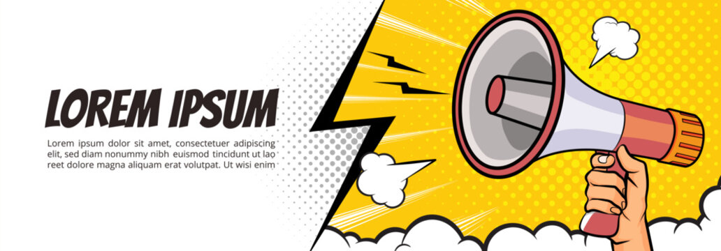 Hand holds megaphone bullhorn in retro pop art comic style Advertising banner with megaphone. Announcement of news, sales, special offer, sale, Loudspeaker announces