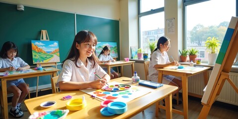Fototapeta premium Focused Asian Female Students Painting Artwork in Classroom with Brushes