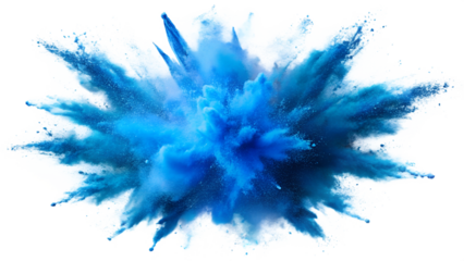 A striking blue explosion, showcasing vibrant colors and dynamic motion, isolated on a transparent or white background.