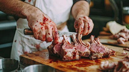 A butcher skillfully carving fresh meat with a cleaver, showcasing craftsmanship and attention to detail in a vibrant kitchen.