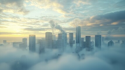 Fototapeta premium A captivating aerial view of a city skyline emerging from fog, illuminated by soft sunrise light, creating a serene atmosphere.